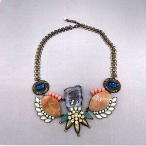 Stones Faux Gems Rhinestone Statement Bib Necklace Brass Tone 18.5 to 21 Inches